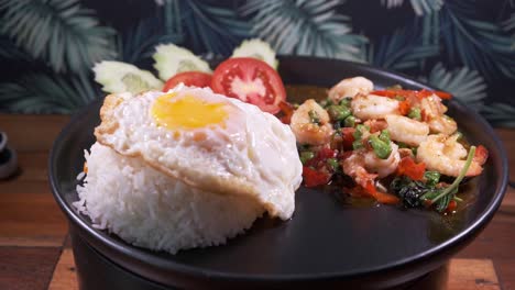 Authentic-Thai-Cuisine-Dish-with-Freshly-Cooked-Prawns,-Rice-and-Fried-Egg-with-a-Side-of-Cucumber-and-Tomatoes-on-a-Spinning-Plate