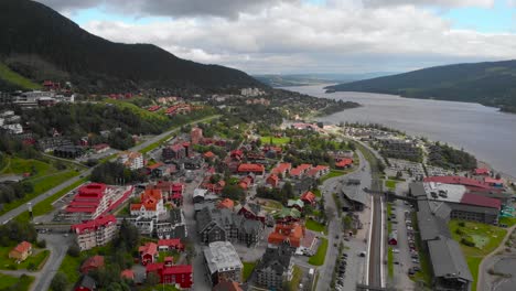 Aerial-Shot-Of-Beautiful-Ski-Village-In-Sweden,-Tourist-Travel-Destination