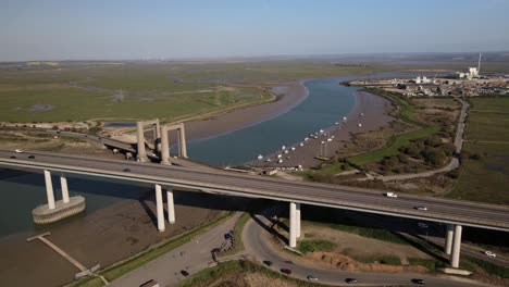 Panoramic-View-Of-Sheppey-Crossing-And-Kingsferry-Bridge-Over-The-Swale-In-Southeast-England