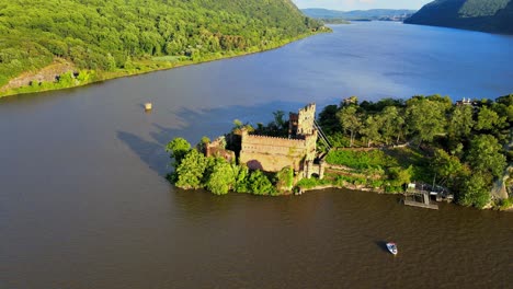 Aerial-drone-footage-of-an-abandoned-castle-on-a-small-island