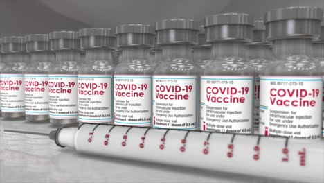 High-quality,-photo-realistic-CGI-render-featuring-a-smooth-camera-tracking-past-rows-of-glass-vials-of-COVID-19-vaccine,-on-a-reflective-countertop,-with-a-single-syringe-in-the-foreground