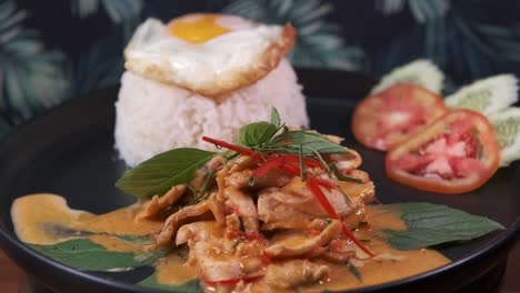 Authentisches-Thailändisches-Rotes-Panang-Curry-Mit-Spiegelei,-Reis-Und-In-Scheiben-Geschnittenen-Tomaten-Und-Gurken