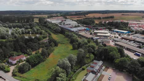 Drone-reveal-alderson-lake-pond-in-Needham-market-small-town-in-uk-england