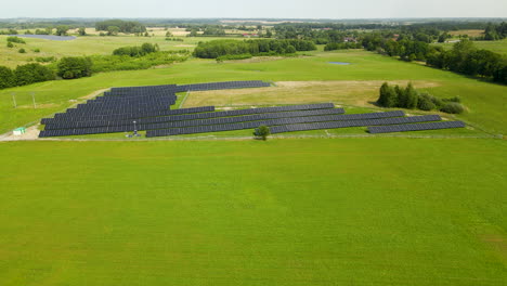 Aerial-overview-of-Solar-Power-Farm-on-Green-Fields-From-High-in-Zielenica,-Poland-template-copy-space
