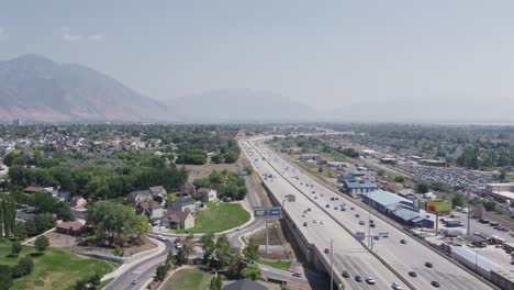 Highway-Traffic-on-I-15-Interstate-Freeway-Road-in-Utah-County,-Aerial