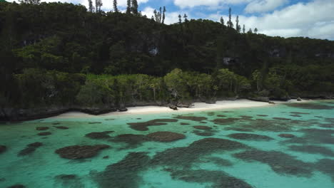 Aerial:-beautiful-secluded-beach-on-Maré-Island,-Loyalty-Islands-New-Caledonia