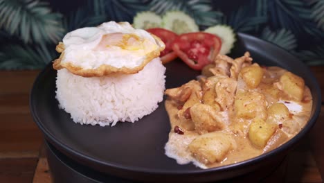 Authentisches-Thailändisches-Gericht-Mit-Reis,-Spiegelei-Und-Massaman-kartoffeln-Mit-Tomaten-Und-Gurken-An-Der-Seite
