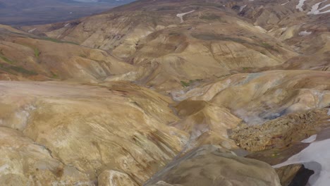 Kerlingarfjoll-geothermal-valley-in-Iceland-with-Rhyolite-soil,-aerial