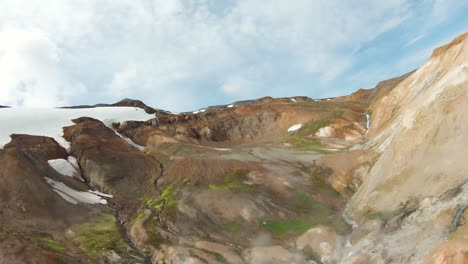 Soaring-through-natural-geothermal-valley-with-river-and-snowy-mountains,-FPV