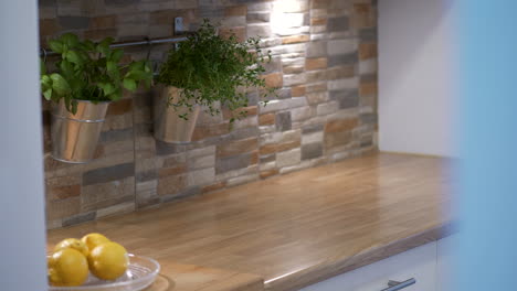 Modern-looking-kitchen-interior-with-fresh-lemons-and-growing-plants,-motion-view