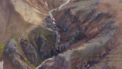 Rugged-badlands-with-rocky-jagged-cliff-canyon-in-Iceland,-river-through-highlands