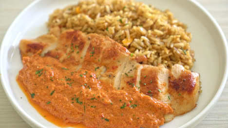Gegrilltes-Hähnchensteak-Mit-Roter-Currysauce-Und-Reis---Muslimische-Küche