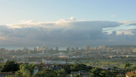 Establishing-pan-shot,-coastal-skyline-Durban-city,-Beautiful-Morning
