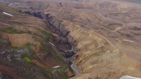 Aerial-of-large-canyon-in-Kerlingarfjoll-landscape,-Highlands-Iceland