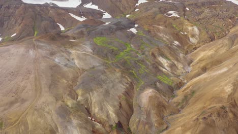 Above-Kerlingarfjoll-region-with-rugged-landscape,-remote-barren-Iceland