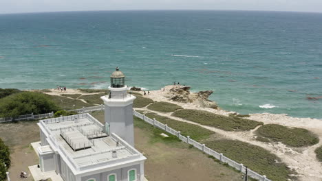 Aerial-flypast-over-the-Faro-Morillos-Lighthouse-out-to-the-Caribbean-sea-in-Cabo-Rojo-Puerto-Rico
