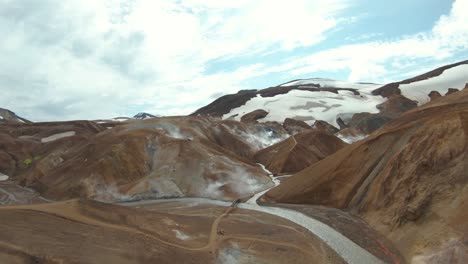 Vuelo-Panorámico-A-Través-De-Las-Tierras-Altas-De-Islandia-Con-Gorros-Nevados-Y-Río-En-El-Valle,-Fpv