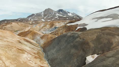 Autumn-scenery-at-geothermal-valley-Kerlingarfjöll-with-snow-on-hill,-FPV