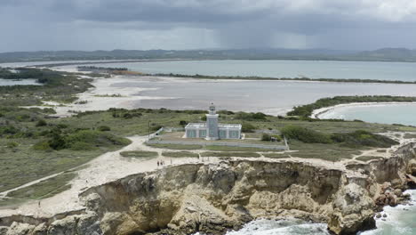 Beautiful-sweeping-point-of-interest-aerial-of-the-Faro-Morrillos-Lighthouse-perched-on-the-limestone-cliffs-of-Cabo-Rojo-in-Puerto-Rico