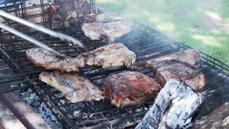Outdoor-grilling-of-pork-and-lamb-chops-on-an-open-fire,-close-up