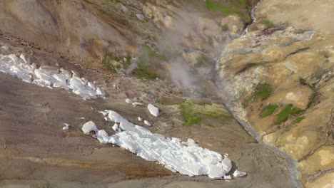 Toxic-gas-rising-from-river-valley-in-volcanic-landscape-of-Iceland,-Kerlingarfjoll