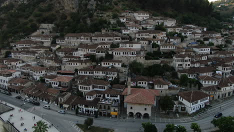 Dron-view-4k-of-Berat,-Albania,-the-city-of-a-thousand-windows,-historic-ottoman-city