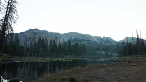 Atemberaubender-Zeitraffer-Des-Wunderschönen-Schmetterlingssees-Im-Uinta-Wasatch-Cache-National-Forest-In-Utah-Mit-Großen-Kiefern,-Seerosenblättern-Und-Felsigen-Bergen-An-Einem-Kalten,-Nebligen-Sommermorgen