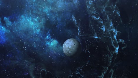 4k-Ein-Planet,-Umgeben-Von-Nebelwolken-Blaue-Nebelwolken-Im-Universum