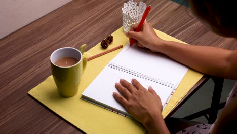 Handwriting-a-Diary-with-a-Cup-of-Tea-Using-a-Red-Pen-Over-Shoulder-Shot