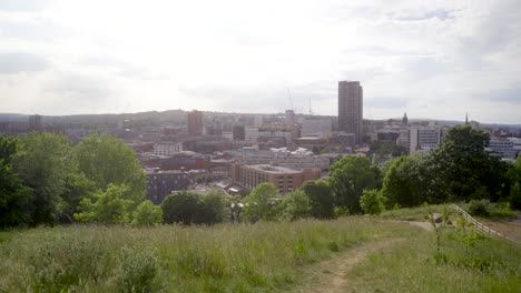 Handheld-shot-of-Sheffield-skyline-from-Sheaf-Valley-Park