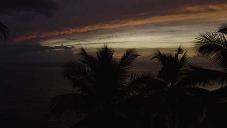 Camera-lowers-behind-silhouetted-palm-trees-against-a-beautiful-sunset-in-the-Caribbean,-Ostiones-Puerto-Rico