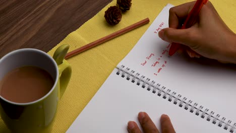 Escribiendo-Un-Diario-Con-Una-Taza-De-Té-Usando-Un-Bolígrafo-Rojo-Fotografía-Cenital-Cerca-De-La-Mano-De-Una-Mujer