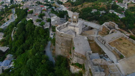 Drone-shot-4k-of-clock-of-Gjirokastra-castleGjirokastra-Castle-is-a-castle-in-Gjirokastra,-Albania