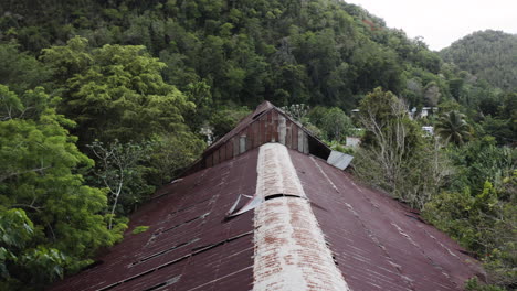 Flypast-over-the-roofline-of-an-abandoned-old-factory-deep-in-the-jungle-countryside-of-Puerto-Rico