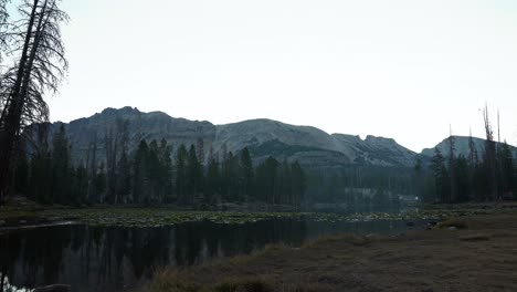 Stunning-time-lapse-of-the-beautiful-Butterfly-Lake-in-the-Uinta-Wasatch-Cache-National-Forest-in-Utah-with-large-pine-trees,-lily-pads,-and-rocky-mountains-during-a-cold-misty-summer-morning