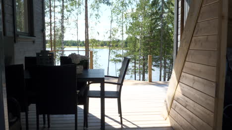 Beautiful-seaside-wooden-cabin-for-summer-with-furniture,-Finland