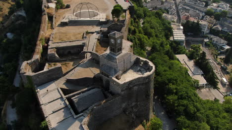 Drone-shot-4k-of-clock-of-Gjirokastra-castleGjirokastra-Castle-is-a-castle-in-Gjirokastra,-Albania