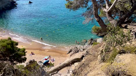 Costa-Brava-beautiful-virgin-beach-with-waters-lush-vegetation-of-pine-trees-and-rocks-yellow-sand-few-people-Gerona-Catalonia-Mediterranean-Panoramic-views-Tossa-de-Mar-cove-Llevad?