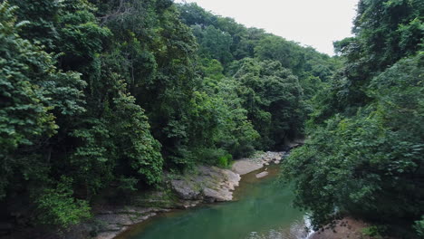 Man-runs-across-bridge-over-river-in-jungle-while-drone-passes-overhead