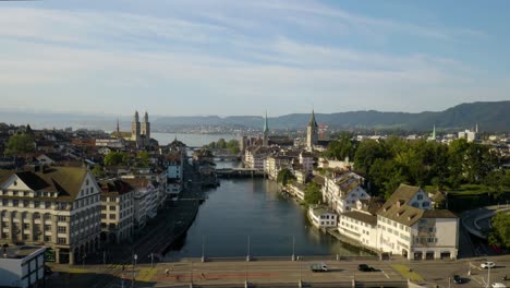 Incredible-Aerial-Reveal-of-Zurich,-Switzerland,-the-Largest-Swiss-City