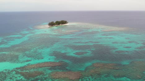 Luftaufnahmen-Einer-Wunderschönen-Kleinen-Korallenriffinsel,-Umgeben-Von-Sand-Und-Einem-Tiefblauen-Ozean,-Der-Sich-Bis-Zum-Horizont-Erstreckt