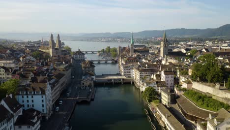Aerial-Flight-Over-Zurich's-Iconic-Old-Town-Neighborhood