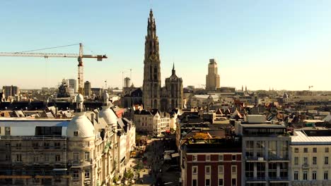 Aerial-drone-ascending-shot-of-gothic-style-roman-catholic-Cathedral-of-Our-Lady-Antwerp-Belgium