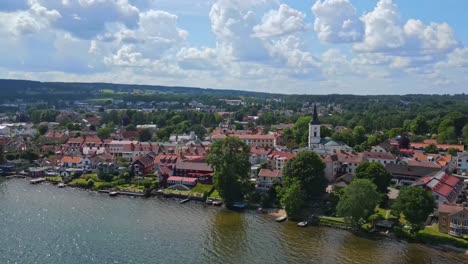 Church-Tower-Within-The-City-Landscape-Of-Hjo-Municipality-At-The-Coast-Of-Vattern-Lake-In-Sweden
