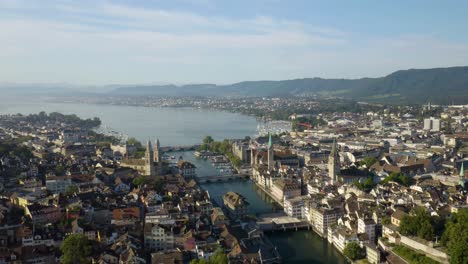 Fixed-Aerial-Shot-of-Downtown-Zurich-Switzerland-on-Beautiful-Summer-Day