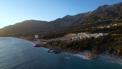 Summer-vacation-resorts-on-beautiful-shoreline-of-Albanian-Mediterranean-near-beaches-and-seawater