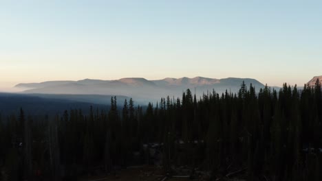 Beautiful-left-trucking-aerial-drone-shot-of-the-stunning-wild-Uinta-Wasatch-Cache-National-Forest-in-Utah-with-large-pine-trees-below-and-stunning-mountains-covered-in-mist-on-a-summer-morning