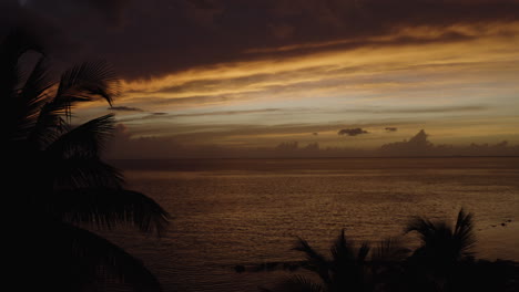 Filmwagen-In-Der-Luft-Durch-Silhouetten-Von-Palmen,-Um-Einen-Romantischen-Sonnenuntergang-über-Dem-Strand-Von-Ostiones-In-Puerto-Rico-Zu-Enthüllen