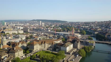 Drone-Shot-of-Zurich,-Switzerland---Summertime
