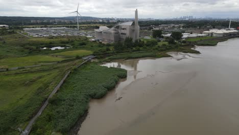 Crossness-Sewage-treatment-works-on-river-Thames-Kent-UK-Aerial-footage-4K